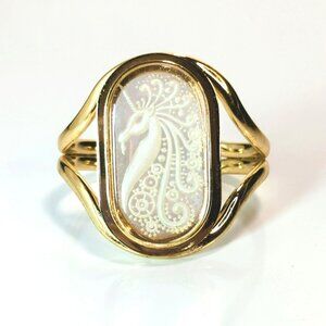 Vintage Whiting & Davis Unicorn Cuff Bracelet Gold Tone Intaglio Etched Jewelry